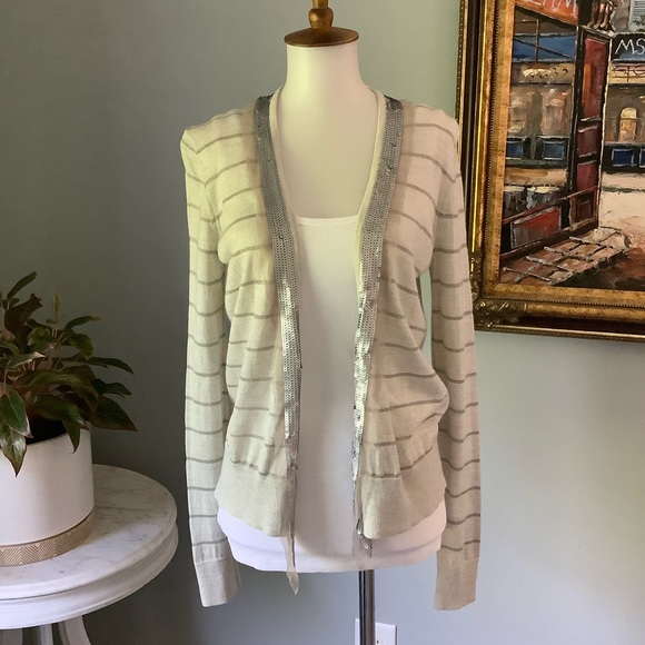 LOFT Lightweight Beige Cardigan with Gray Stripe and Silver Sequin Detail Size M - Picture 1 of 15